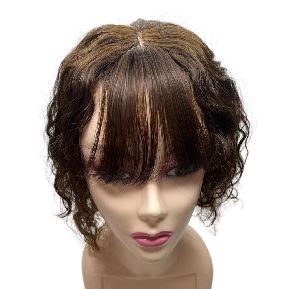 12 x 14 cm Silk Base Hair Topper For Women with Thinning Real Human Piece, Long Curly Wavy Clip in Hairpiece Extensions (Dark Brown, 30 cm)