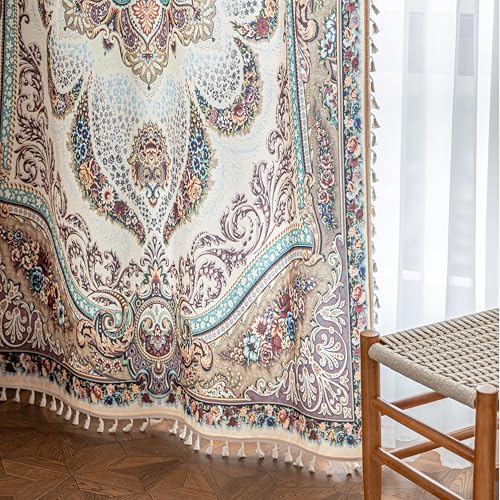 Image of Brown Medallion Curtains 72 Inches Long, Vintage Paisley Boho Farmhouse Light Filtering Rod Pocket Drapes with Tassel Trim for Bedroom Living Room, 2 Panels
