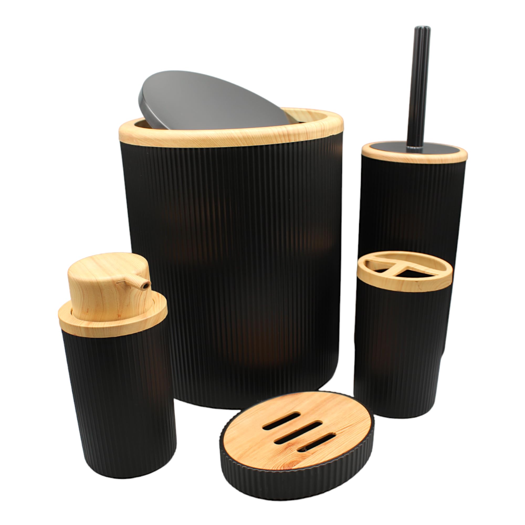 DURSED 5피스 욕실 액세서리 세트 모던 리플 효과 칫솔 홀더 비누 디스펜서 변기 브러시 홀더 비누 접시 쓰레기통 검은색 나무 효과 -Freehip.co.kr