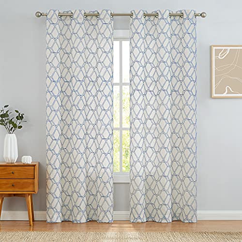 WEST LAKE Geometric Semi Sheer Curtain Panels Hexagon Embroidery Contemporary Lattice Grommet Farmhouse Window Treatment Drapes for Living Room,Parlor,Blue Beige/Natural,40''x95'',Set of 2