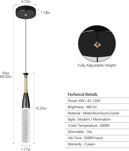 Miniatura 4 de Lámpara colgante de cocina, lámpara colgante moderna, mini candelabros de cristal, ajustable, color negro y dorado, iluminación colgante para