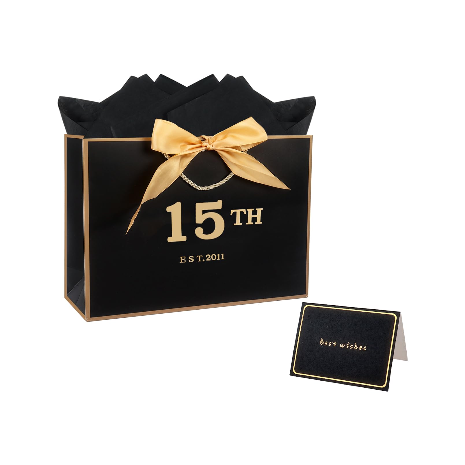 Nwvuop 15th Birthday Gift Bag with Tissue Paper and Card, 15 Year Old Birthday Gift Wrapping Bag for Boys Girls-11 inches — image 1