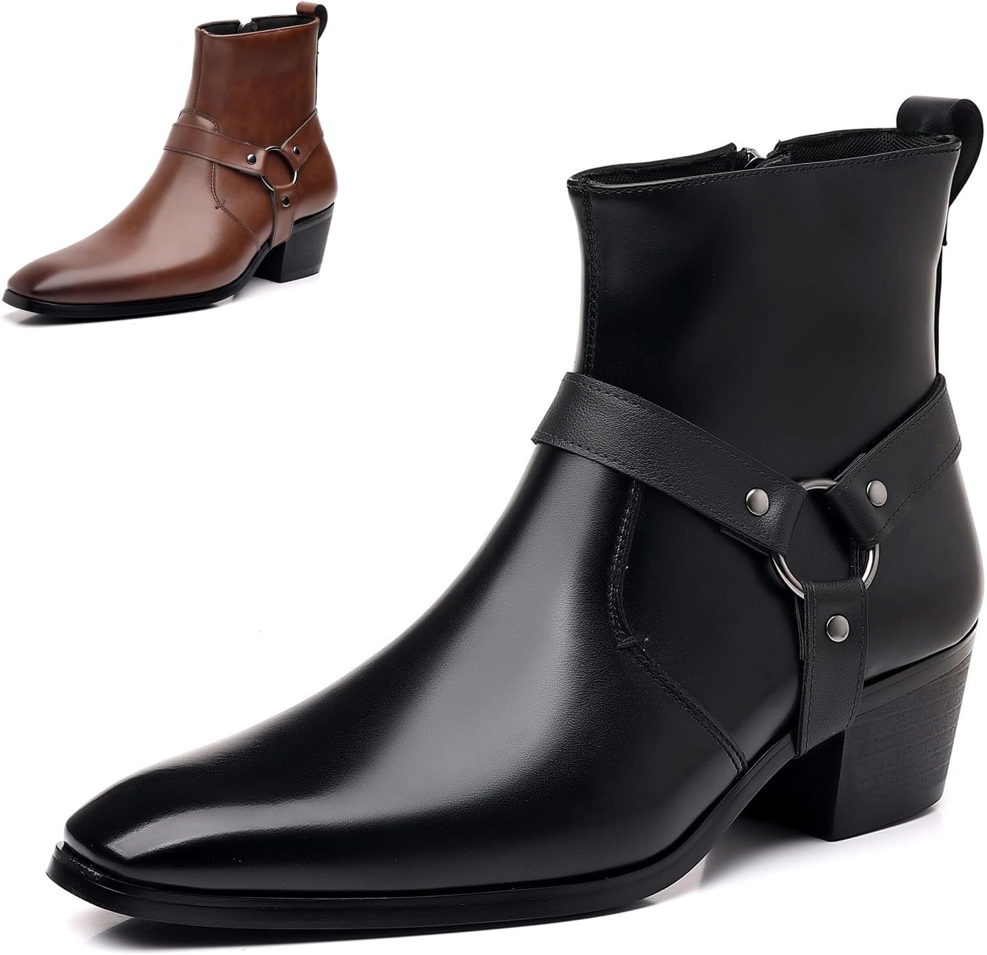 Men's Leather Chunky Heel Dress Chelsea Boots with Belt Buckle Fashion Classic Cap Toe Side Zipper Block High Heels High Top Formal Oxford Shoes Casual Business Chukka Booties