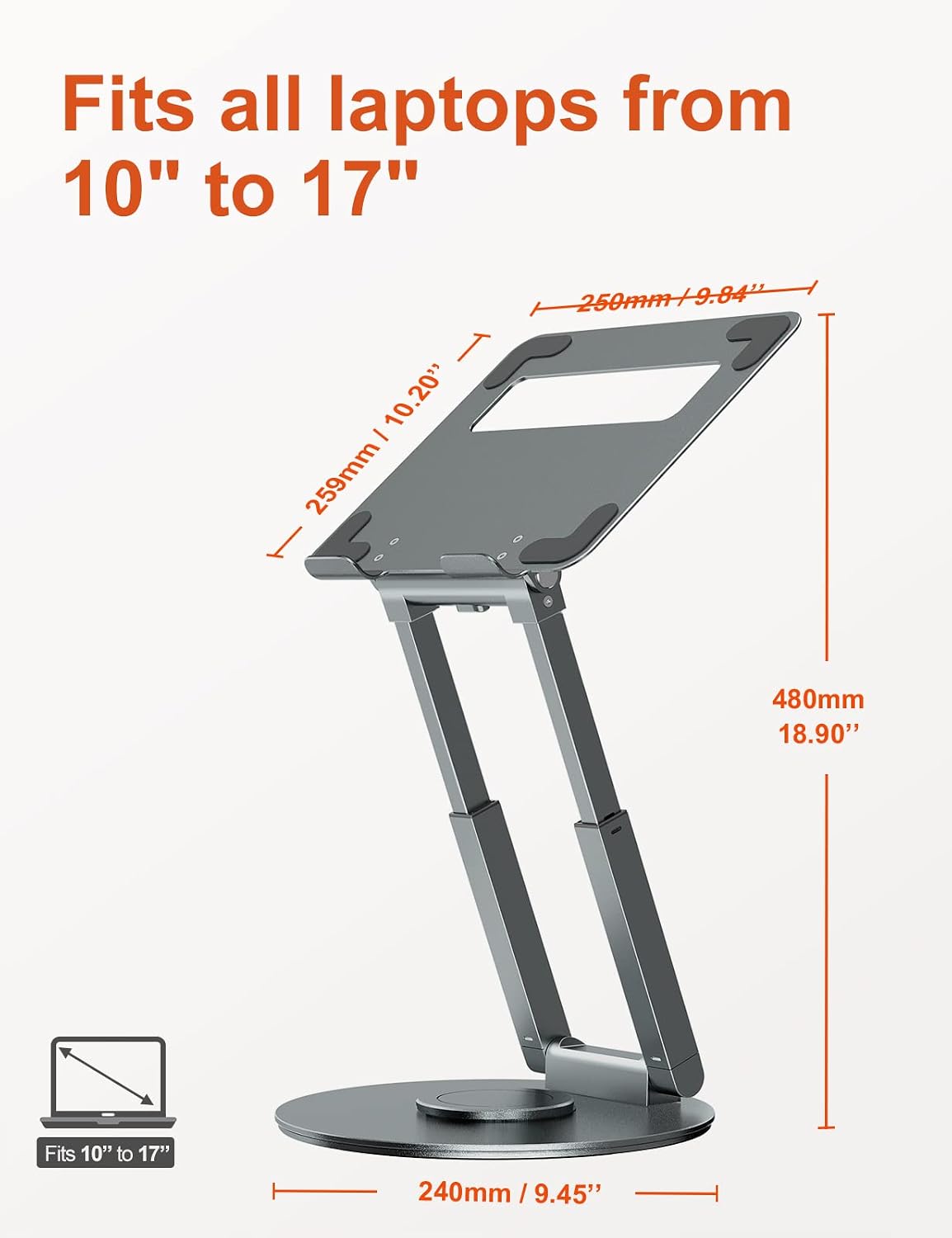 tounee Height Adjustable Laptop Stand with 360° Swivel Base, Sit to Stand Ergonomic Computer Stand, Portable Riser Holder Desk for Good Posture, Compatible with MacBook Pro, All Laptops 10-17"-Gray