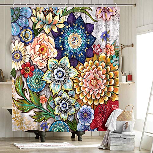 Neasow Boho Floral Shower Curtains for Bathroom, Bright Fabric Blossom Shower Curtain with 12 Hooks, Multi Color 72"×72"