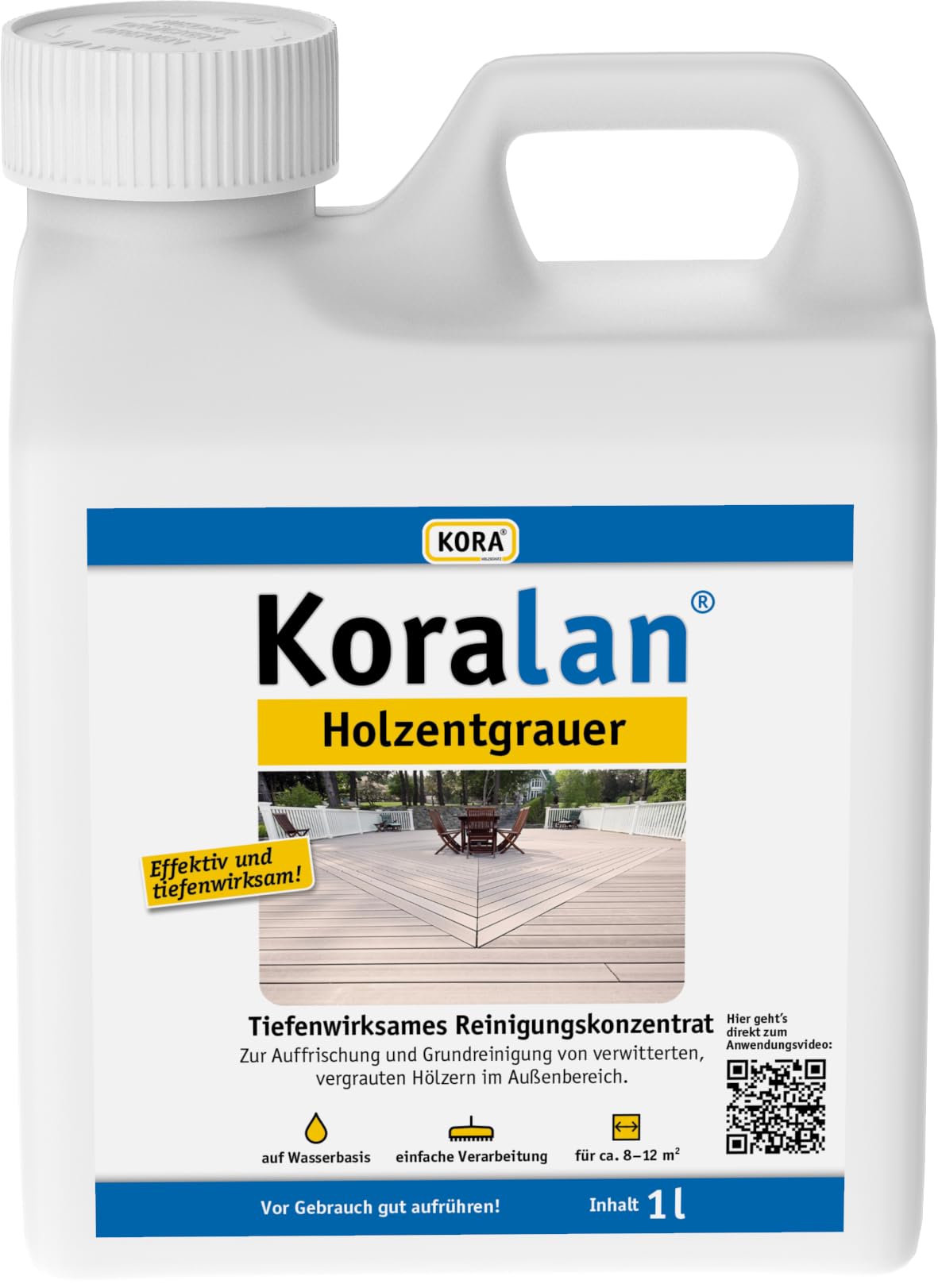KORA® Koralan® Holzentgrauer Konzentrat 2,5 Liter für Terrasse, Gartenmöbel & Holzdeck – Entfernt Vergrauung, Eisenflecken & Verfärbungen – Auffrischen ohne Schleifen – mit Oxalsäure