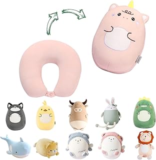 stocaggio Kids Travel Pillow - 2-in-1 Deformable Kids Neck Pillow for Traveling, Soft U-Shaped Pillow with Adorable Animal Design, Comfy Sleep and Play, Ideal for Airplanes and Cars - Pink Unicorn