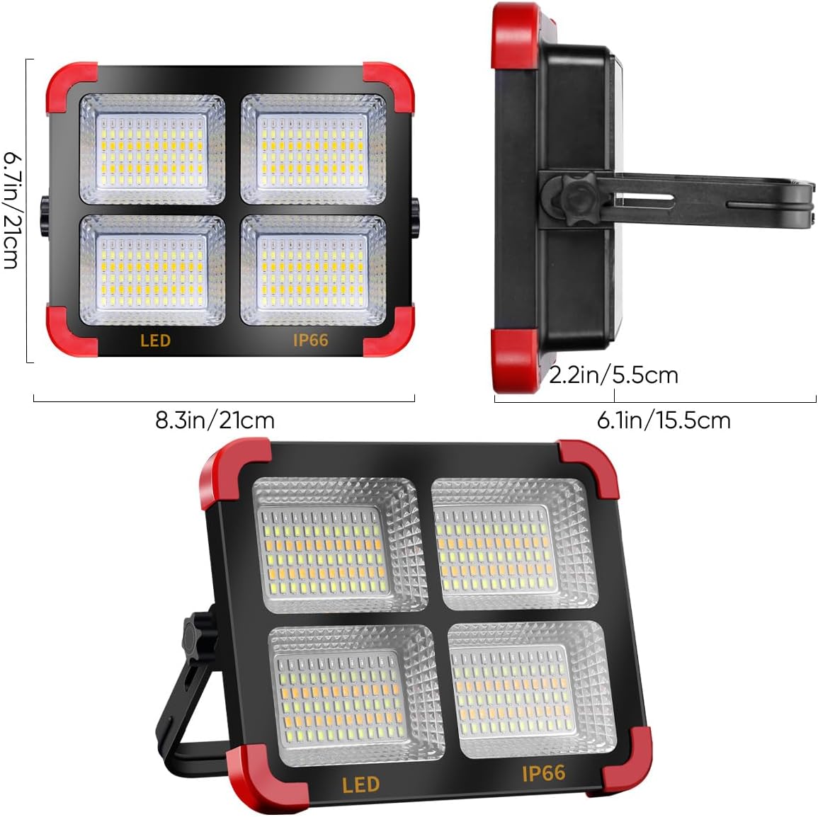 100W LED Solar Work Light, 288 LED 10000LM Portable Flood Light with Stand - 5 Modes Waterproof Rechargeable Outdoor Lamp for Job Site, Camping, Emergency, Car Repair, Hurricane