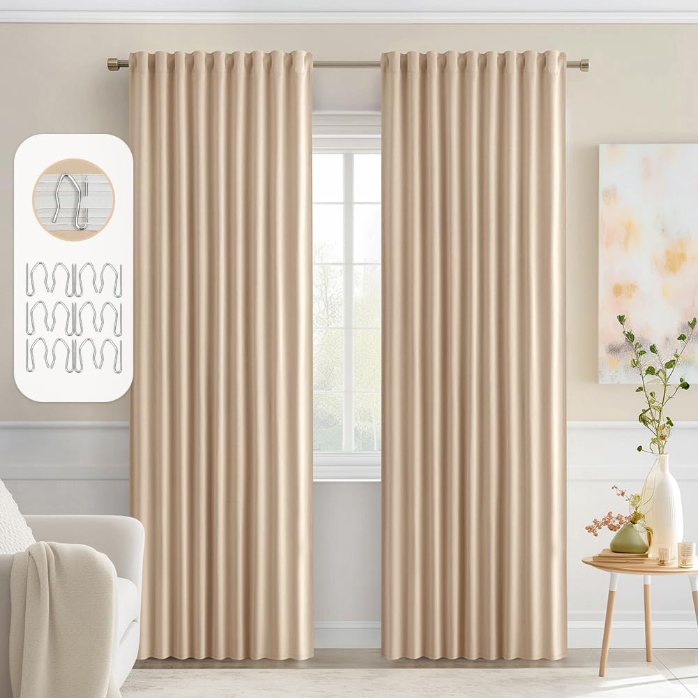 MIULEE Back Tab Beige Curtains 84 Inch Length 2 Panels Set for Living Room Bedroom, Cream Rod Pocket/Pinch Pleated Light Blocking Thermal Insulated Room Darkening Blackout Curtains