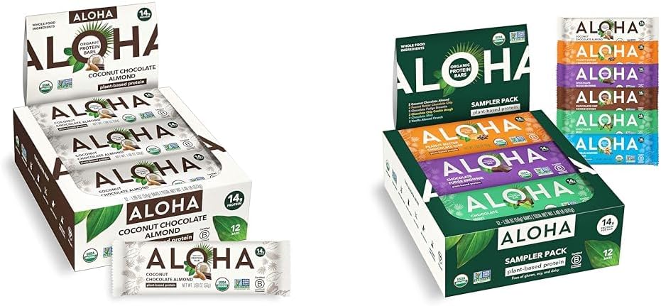 ALOHA Organic Plant Based Protein Bars, Coconut Chocolate Almond, 1.98-Ounce Bars (Pack of 12) & Organic Plant Based Protein Bars - 6 Flavor Variety Pack - 12 Count, 1.9oz Bars - Vegan Snacks