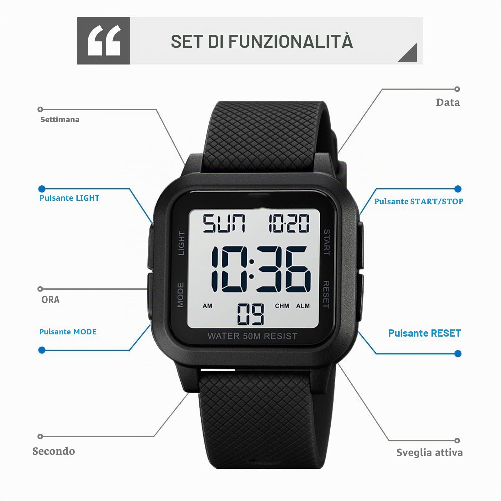 Forrader, Orologio digitale da uomo, sportivo, impermeabile, con retroilluminazione a LED, sveglia, conto alla rovescia, doppio fuso orario, cronometro, 12/24 ore, per uomini, donne, adolescenti