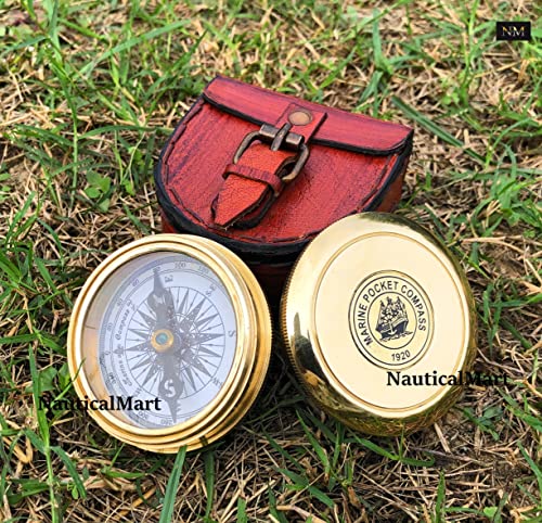 Brújula de latón antiguo con estuche de cuero miniatura 6