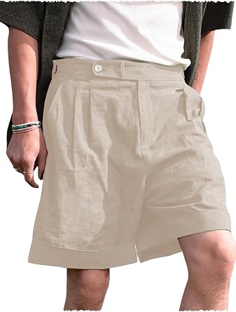 Mens Shorts Cotton & Linen Pleated Shorts Casual Italian High Waisted Summer Lightweight Beach