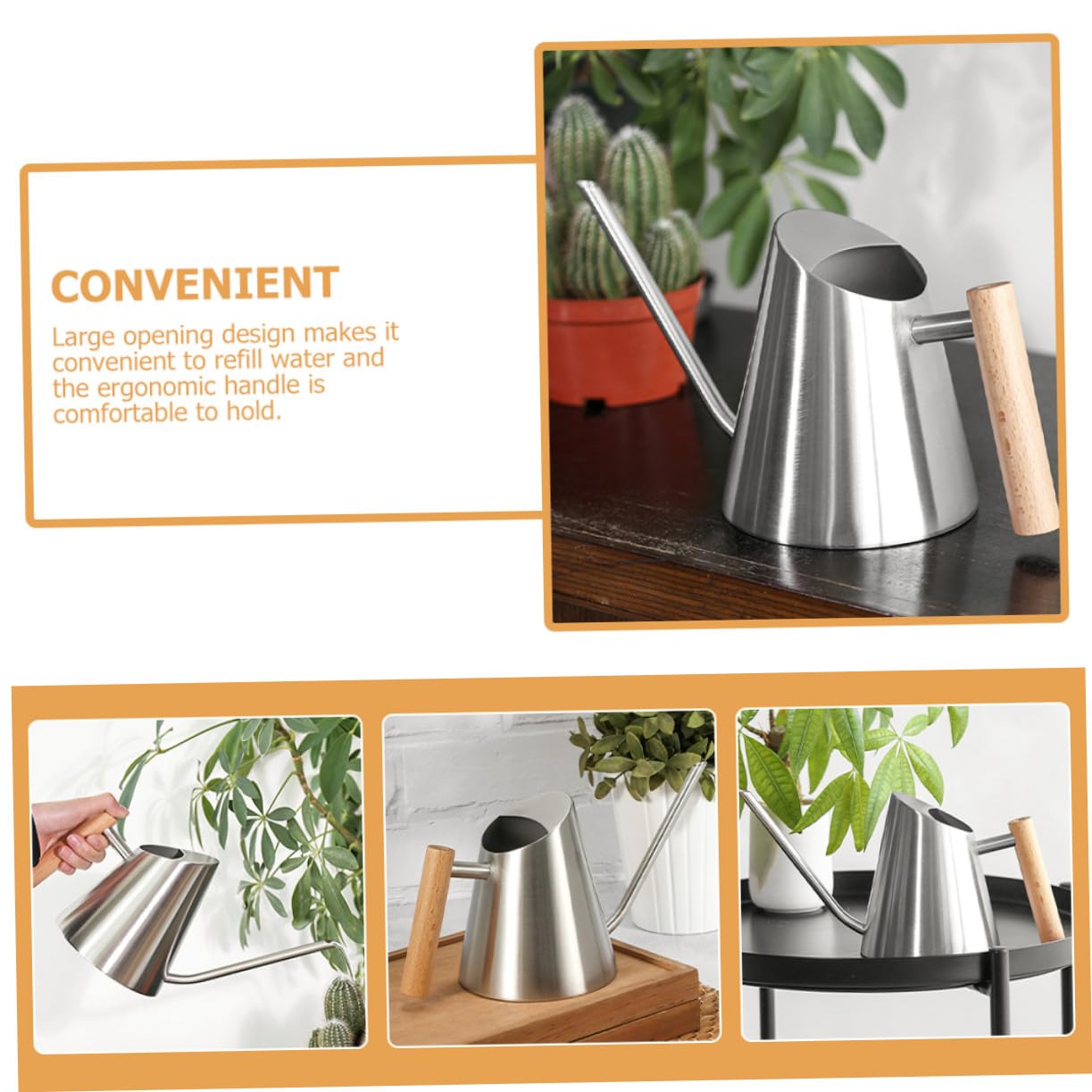 Gießkanne mit Langem Ausguss 900ml Edelstahl Holz Silber