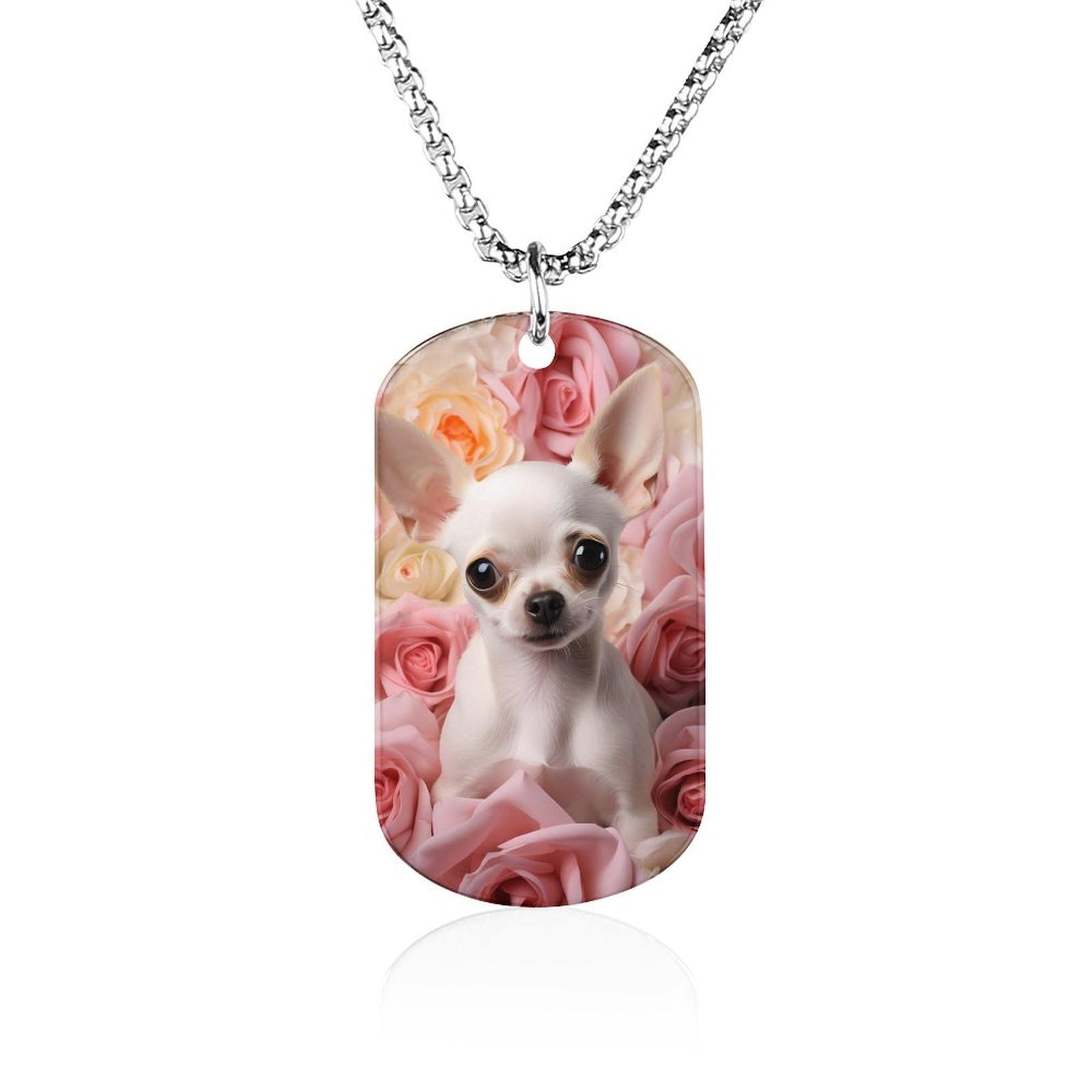 Pet Dog Chihuahua with Rose Flower Memorial Necklace Personalized Photo Pendant Necklace Jewelry for Women Men