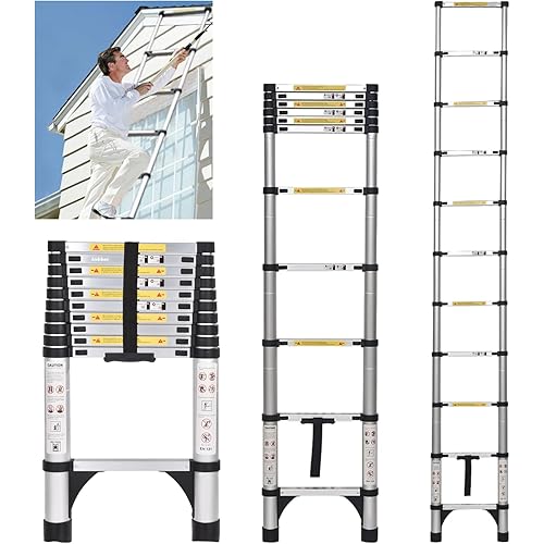 JADDUO Telescoping Ladder 10.5 FT Extension Ladder Aluminum Lightweight Telescopic Ladder with 2 Triangle Stabilizers Telescoping Attic Ladder RV Ladders for Travel Collapsible Ladders for Home