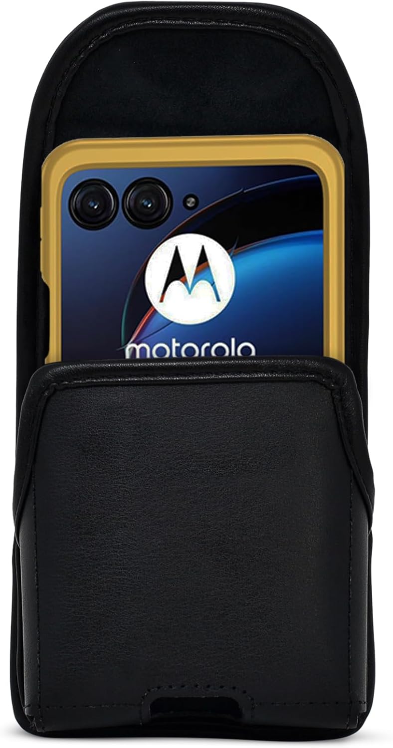 Turtleback Holster Designed for Motorola Razr, Razr+ 2024 2023 Thin Fit, Vertical Belt Case Black Leather Pouch with Executive Belt Clip