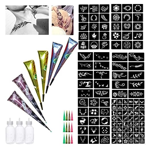 6 Pcs 3 Colors Temporary Tattoos，6 Pages Total 110 Tattoo Pattern Stickers Stencils，Temporary Tattoo Kit，3 Bottles, 12 Nozzles, Blcak, Red, Brown