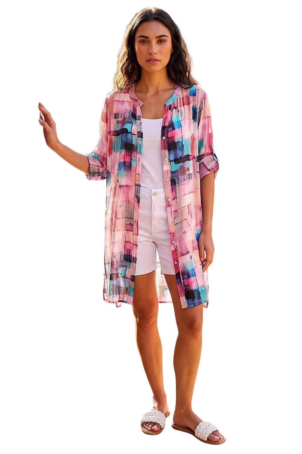 Roman Women's Pink Abstract Print Longline Blouse In Size 16