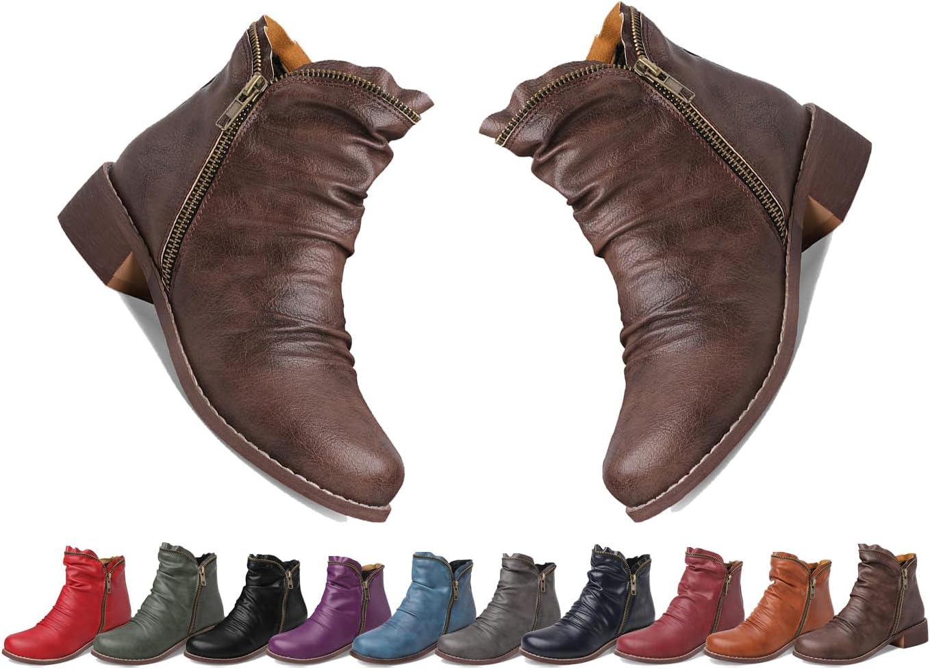 Women's Casual Short Ankle Boots - Trendy Classic Footwear for Women Side Zipper Vintage Leather Damping Shoes Comfortable Walking Boots for Women