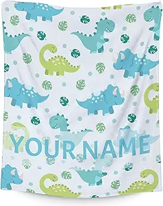 Personalized Dinosaur Blanket Gifts with Name - 40"x50" Cute Throw for Girls & Boys - Blue Soft Fuzzy Blankets for Bed, Couch & Living Room
