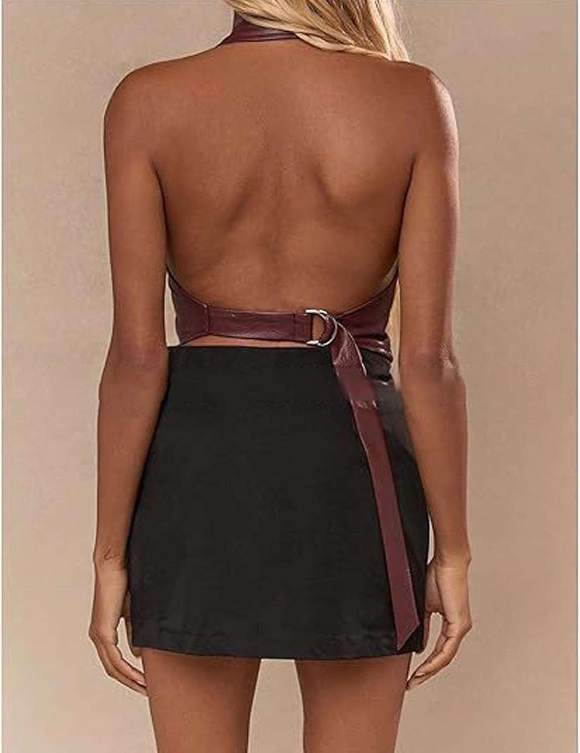 SEMATOMALA Women's PU Leather Halter Tank Tops Sexy Deep V Neck Asymmetrical Backless Vest Corset Party Clubwear - Image 3