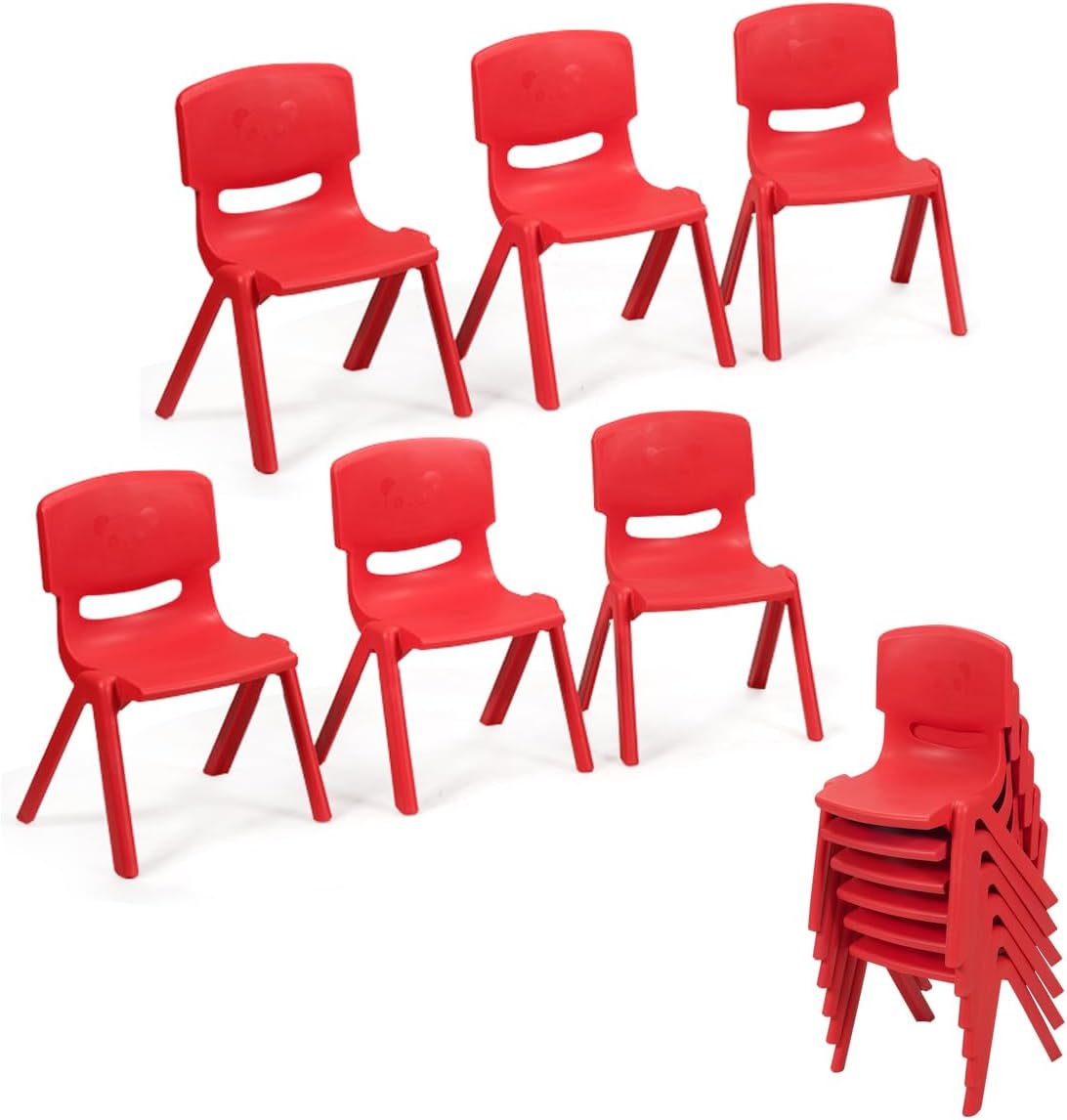 KOTEK 6-Pack Stackable Kids Chairs, Plastic School Chairs for Kids with Carrying Handle, Indoor/Outdoor Portable Seating for Classroom, Daycare, Home (Red)