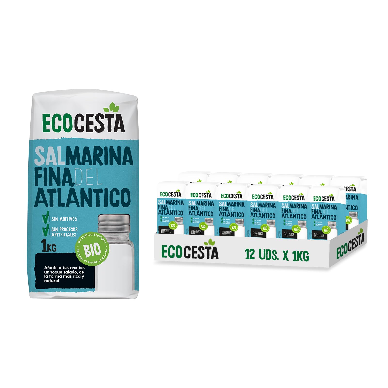 ECOCESTA MEJOR CADA DIA - Pack de 12 Unidades de 1 kg de Sal Marina Fina del Atlántico Ecológica - Sin Procesos Artificiales - Apto para Veganos - Óptimo para Aderezar tus Platos