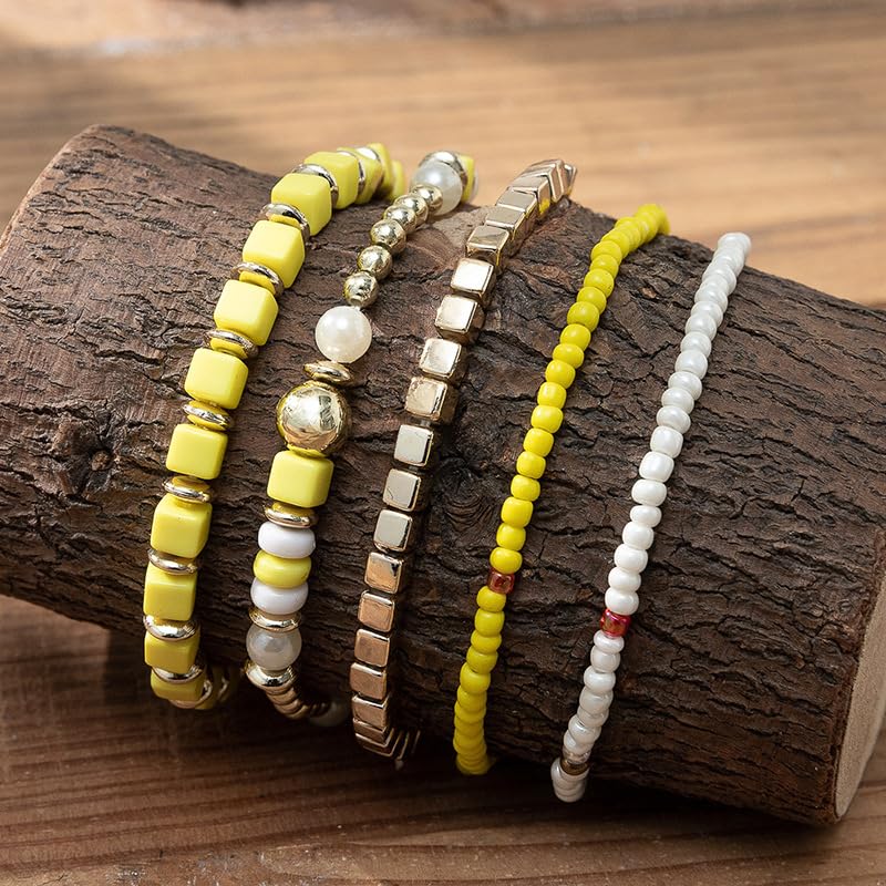 COLORFUL BLING 5Pcs/Set Bohemian Stackable Beads Bracelet for Women Multilayer Boho Seed Statement Stretch Strand Bracelet Friendship Women Jewelry2