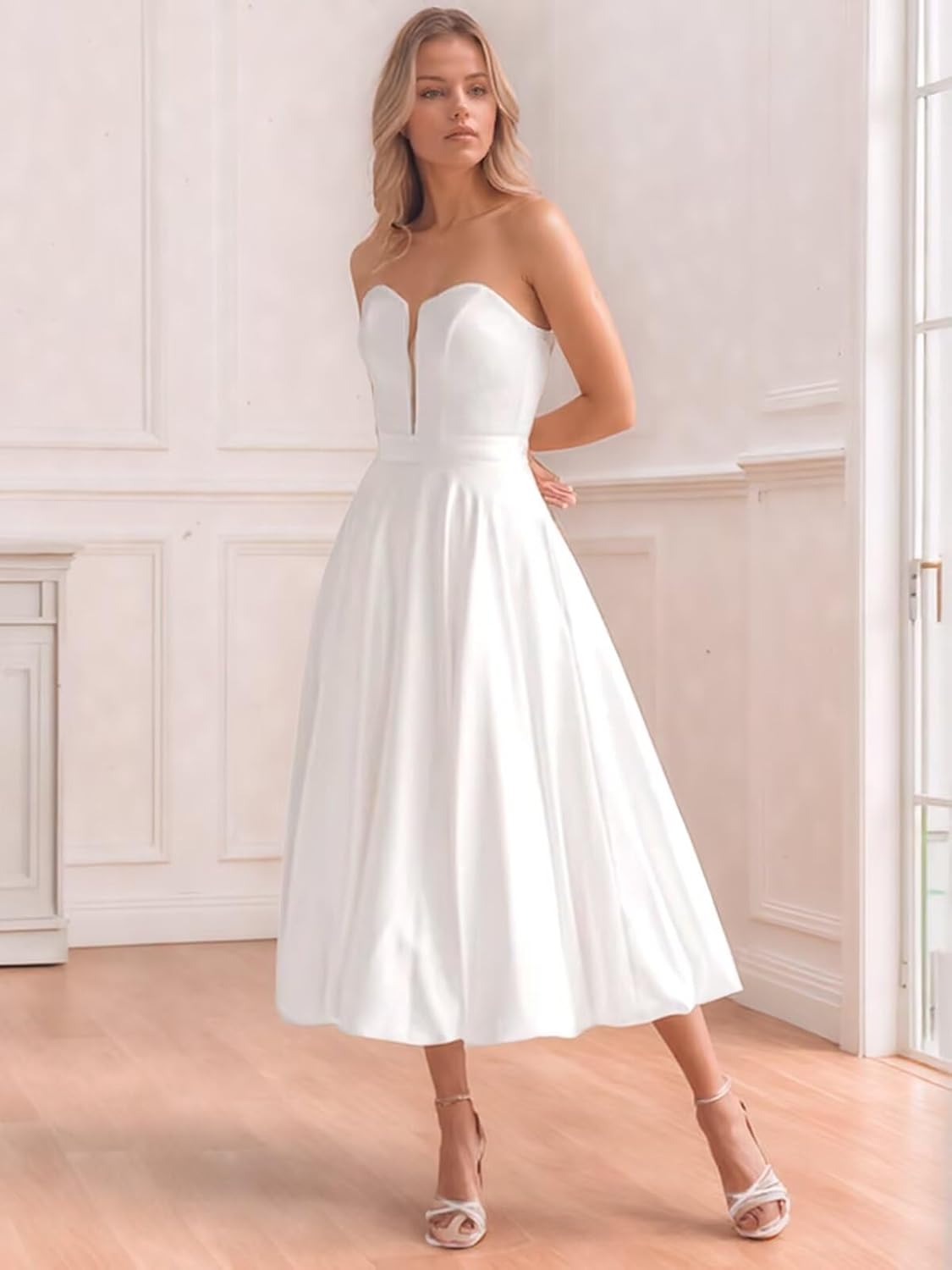 Tea Length Wedding Dress for Bride 2025 Strapless Satin Prom Dress Simple Wedding Party Gowns with Pockets