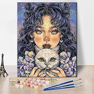 TISHIRON Paint by Numbers for Adults Beginner Students Kids, Day Acrylic Paints Oil Painting for Bedroom Living Room Décor -Moon Girl Holding Cat - Without Frame Holiday (16" x 20")