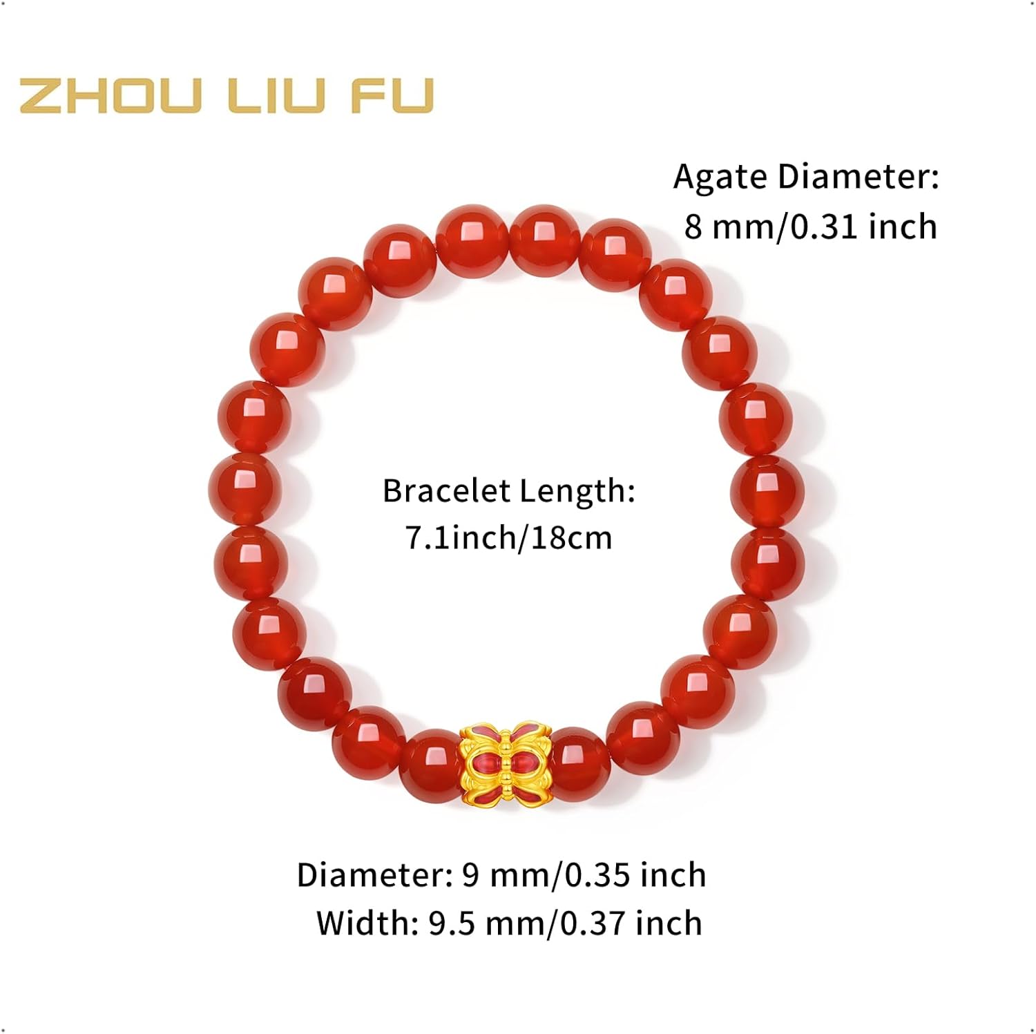 24K Solid Gold Lotus Pedestal Charm Bracelet Natural Red Agate Stretch Beaded Bracelets Healing Bead Jewelry for Women Men Mom Daughter Son Birthday Anniversary 7.1"/18CM A1914661