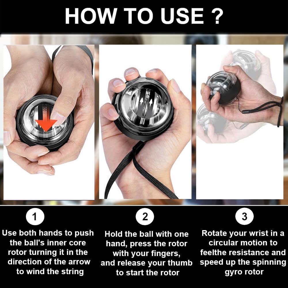 Balle dynamométrique avec compteur – Gyroscope à démarrage automatique pour poignet, exercice de poignet, renforcement de l'avant-bras, renforcement des mains, exercice de doigt avec lumières LED
