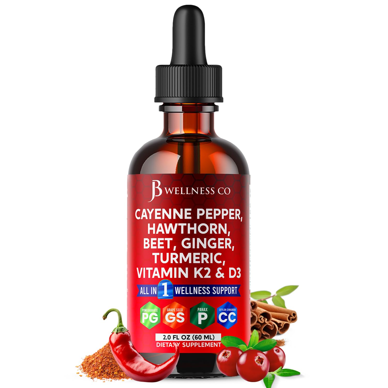 Cayenne Pepper Supplement Liquid Drops + Hawthorn Berry, Vitamin D3 K2 Beet Root Powder, Ceylon Cinnamon, Turmeric Curcumin, Organic Panax Ginseng -