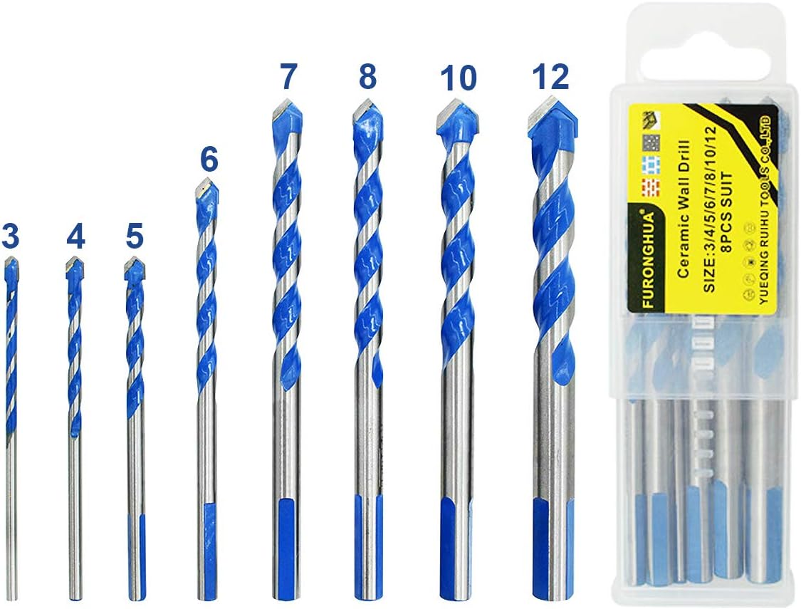 8 PCS Masonry Drill Bit Set Tungsten Carbide Tipped Ceramic Tile Drill Bits Twist Drill for Concrete Brick Glass Plastic and Wood Assorted Size 3/4/5/6/7/8/10/12MM