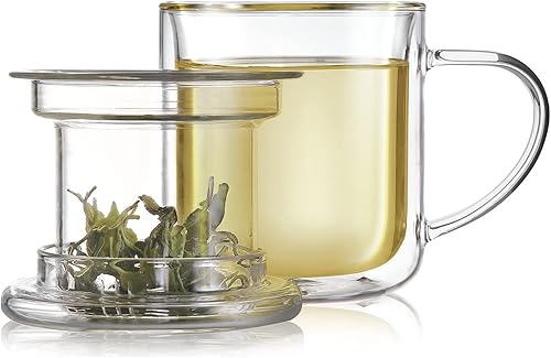Teabloom Taza de té de vidrio de borosilicato a prueba de calor y aislada con infusor para té suelto de hoja entera – Tea Purist's Choice – Taza de
