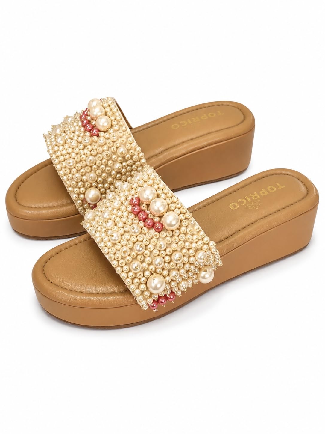 Women White Pearl Embroidered Wedge Platform Heels Sandals Cushion | 207-image-30