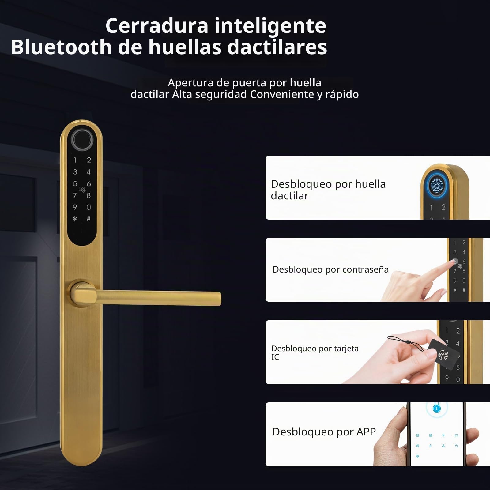 Cerradura de puerta inteligente con huellas dactilares, cerradura inteligente con asa, cerradura de puerta digital, manilla de puerta inteligente con huella digital (dorado)
