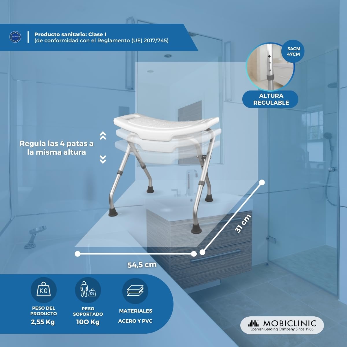 Rehab - Silla de Ducha o baño Plegable con Altura Regulable y Soporte Adicional para Personas Mayores