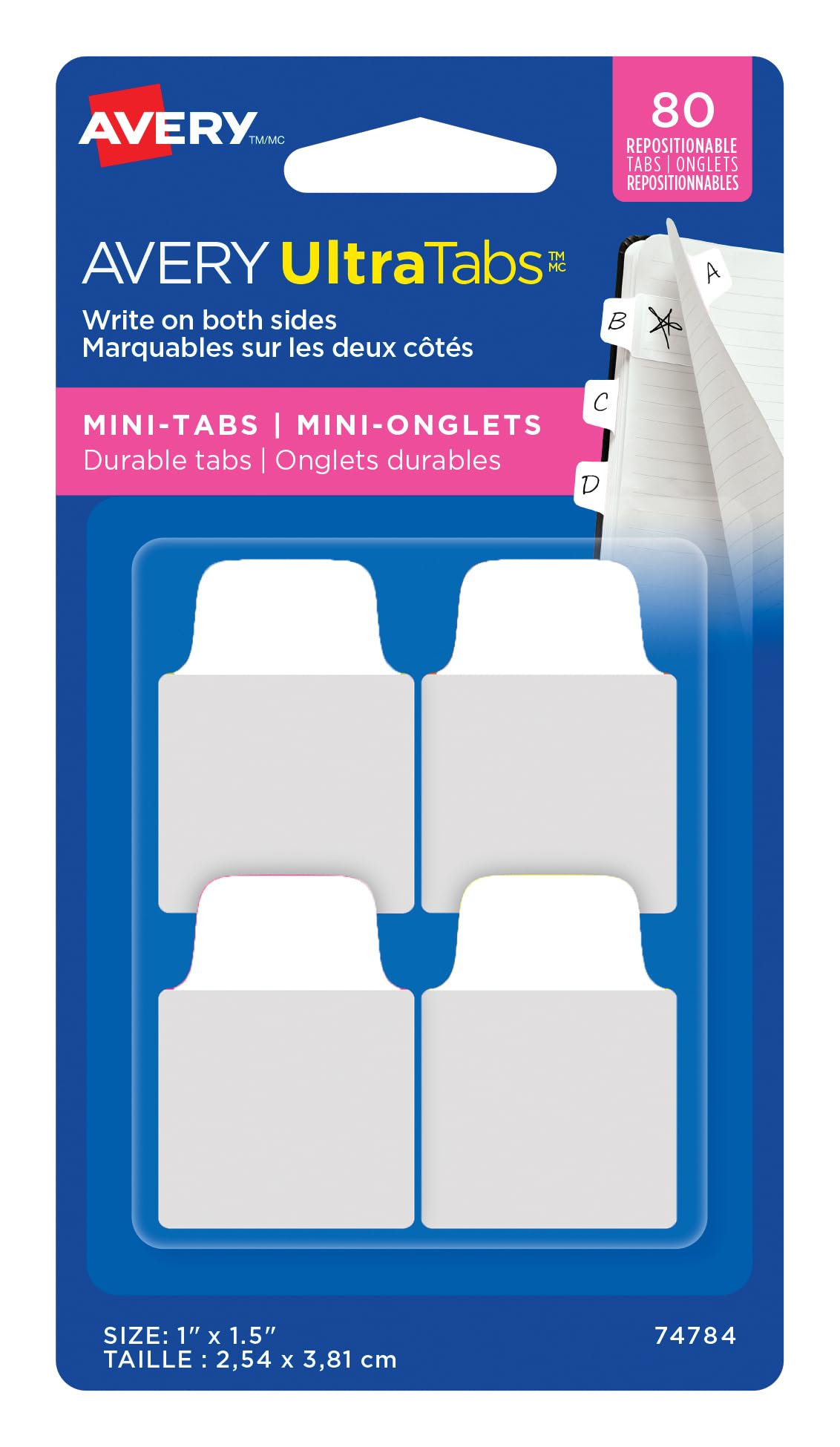 Avery UltraTabs Repositionable Mini-Tabs, Two-Side Writable Page Tabs, 1" X 1.5", White, 80 Index Tabs, 80 Tabs (74784)