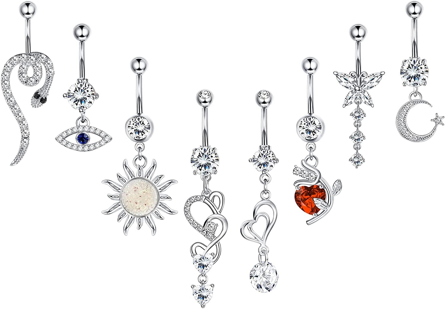 MILACOLATO14G Piercing Ombligo Colgantes Para Mujer Acero Quirúrgico Piercing De Ombligo Plata Oro Verano Sol Serpiente Calavera Mano Con Ópalo CZ Transparente Barra De Ombligo Piercing Joyas 8Piezas