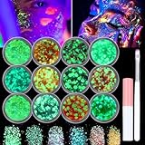 Sinyanail Noctilucent Chunky Glitter,Holographic Mermaid Chameleon Flakes Nail Art Sequins Cosmetic Glitter Powder Accessories with Quick Dry Makeup Glue and Nail Pen Brushes(Noctilucent)