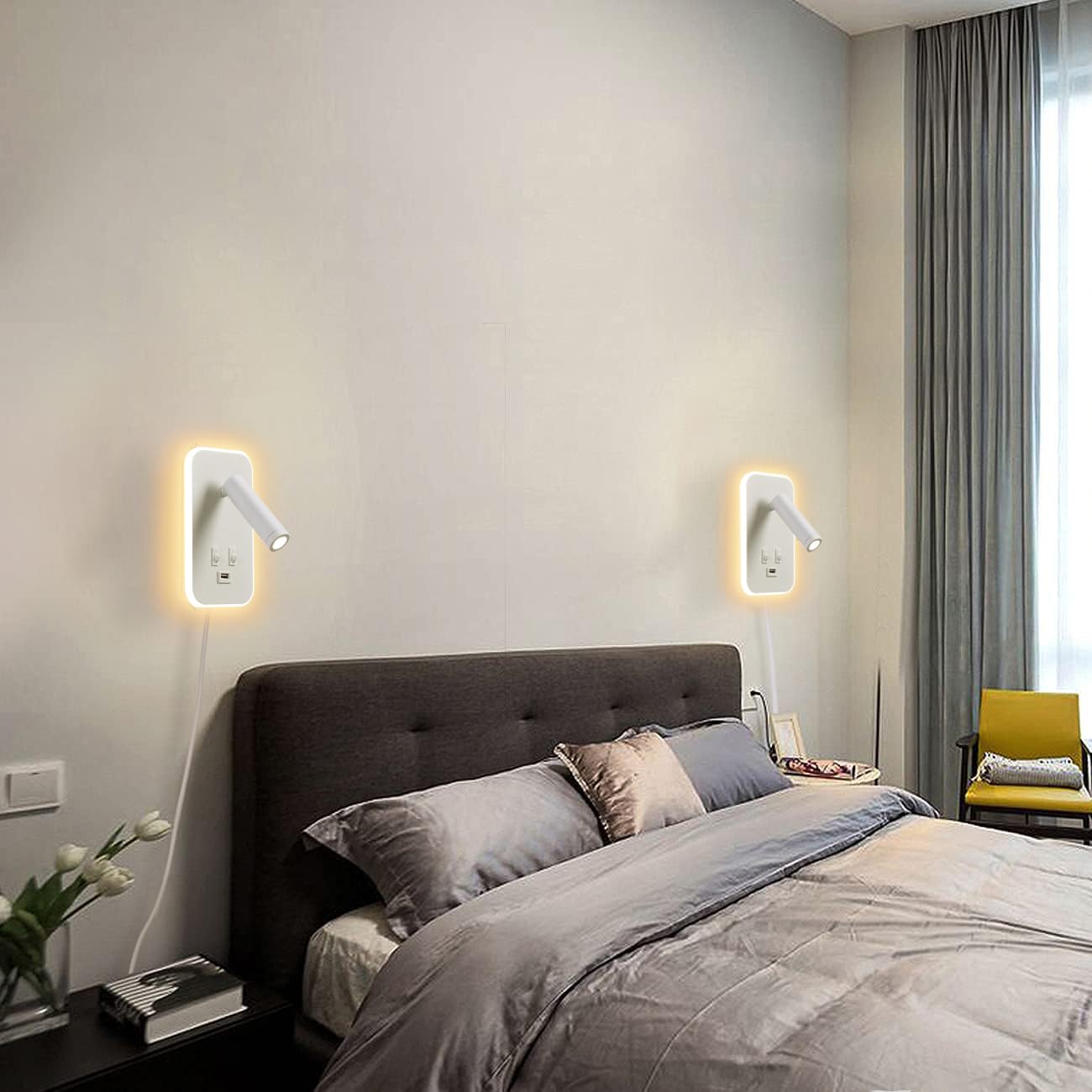 Applique murale LED,liseuse de chevet avec interrupteur,port de charge USB,éclairage d'ambiance réglable pour chambre à coucher (lumière naturelle 3W+lumière chaude 9W) Avec fiche câble,Blanc
