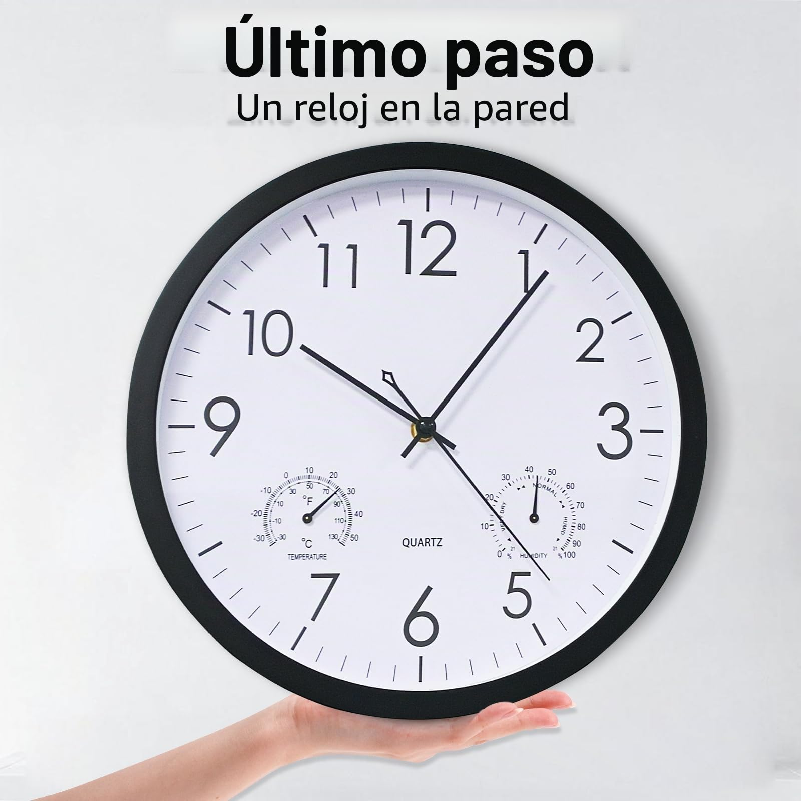 Chedin Reloj de pared redondo de cuarzo de 30 cm, sin tictac, con termómetro e higrómetro, reloj de pared para niños, dormitorio (1, negro, 12 pulgadas)