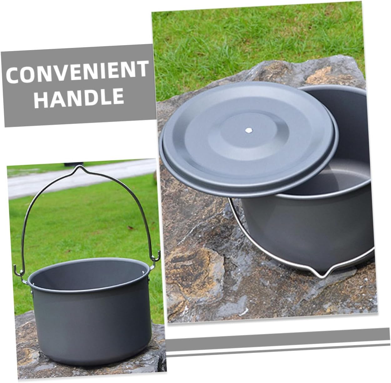 Portable Aluminum Camping Hanging Pot with Lid Uniform Heat Distribution Lightweight Cookware for Outdoor Cooking Bbqs Picnics Hiking Serves People