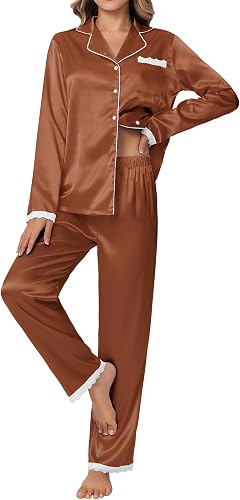 Ekouaer Satin Pajamas for Women Silk Long Sleeve Sleepwear B
