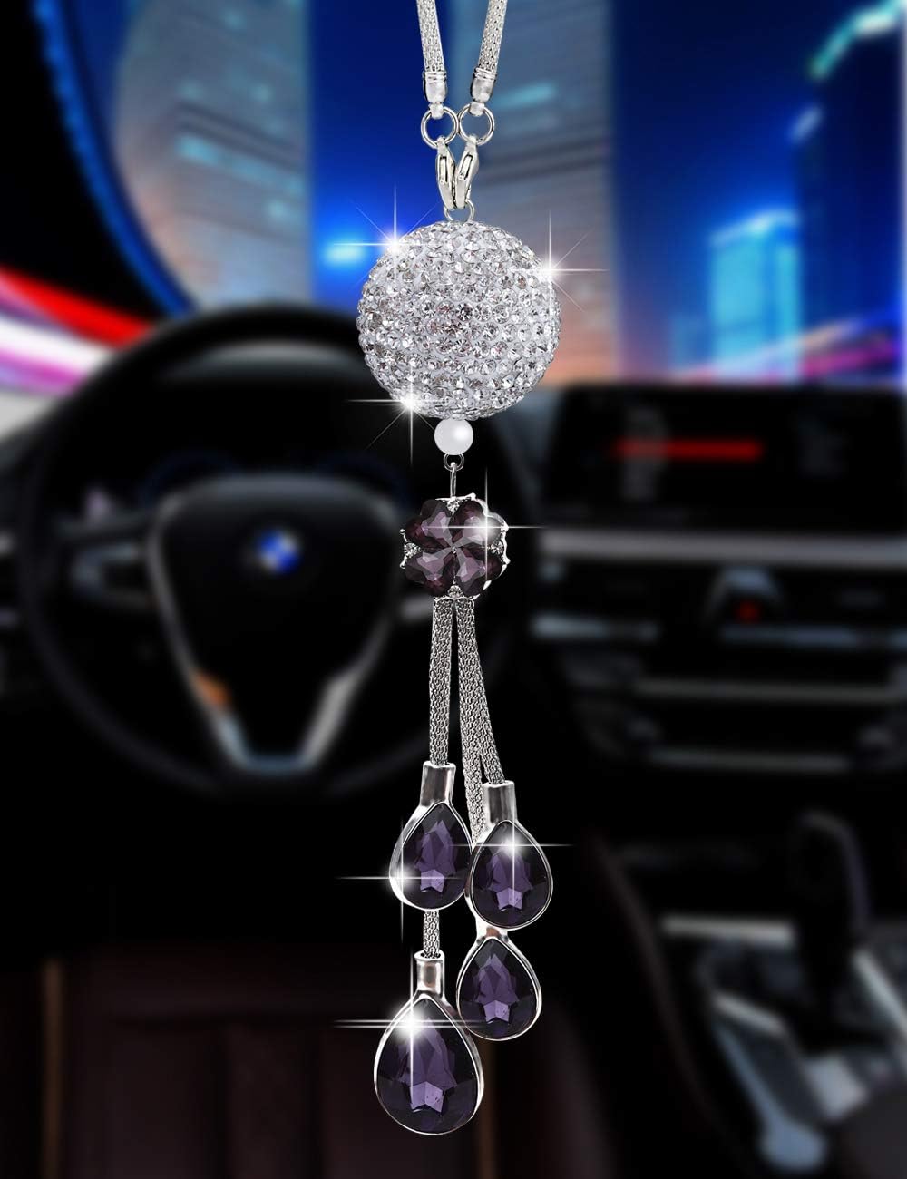 Bling Car Accessories for Women and Man,Cute Car Decor Bling Car Mirror Hanging Accessories Crystal Ball,Lucky Crystal Sun Catcher Ornament,Rear View Mirror Flower Charm Decor (Purple)