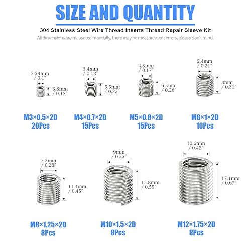 Miniatura 2 de Glarks Juego de 84 piezas de manguito de reparación de roscas de alambre de acero inoxidable 304, métrico M3 M4 M5 M6 M8 M10 M12 funda de acero en