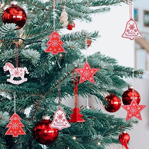 Wooden Christmas Tree Hanging Pendant,12Pcs Wooden Christmas Tree Decoration Red Christmas Wooden Ornaments DIY Wood Hanging Pendants for Christmas Tree Party Decoration