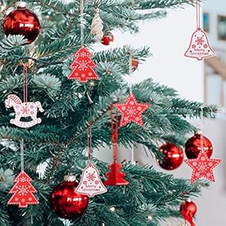 Wooden Christmas Tree Hanging Pendant,12Pcs Wooden Christmas Tree Decoration Red Christmas Wooden Ornaments DIY Wood Hanging Pendants for Christmas Tree Party Decoration
